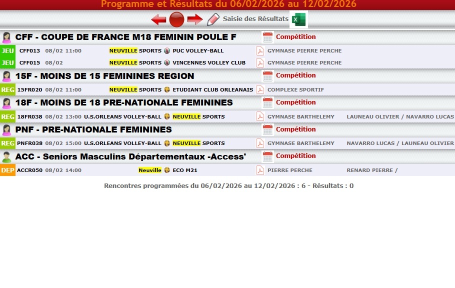 Matchs volley-ball du 5 au 12  février 2026