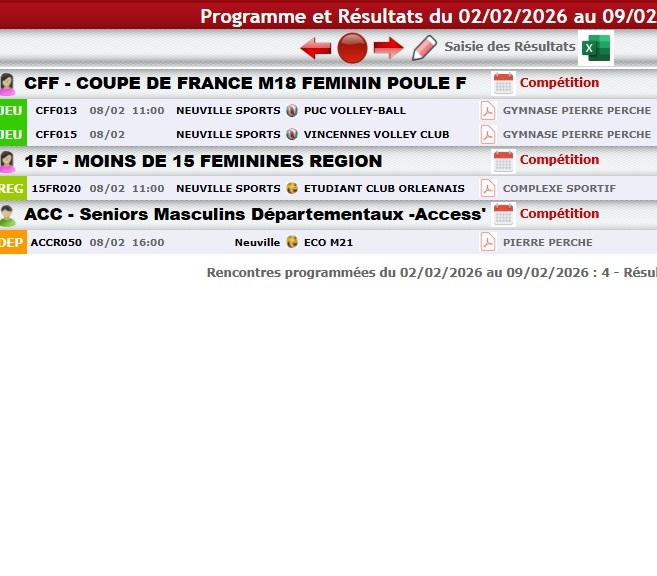 Matchs volley-ball du 6 au 12  février 2026