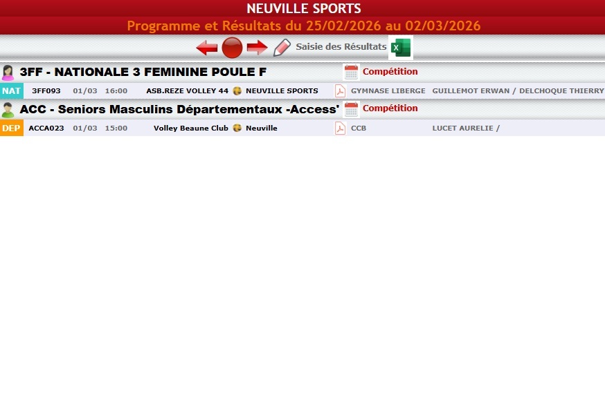 Matchs volley-ball du 26 février au 1er mars  2026