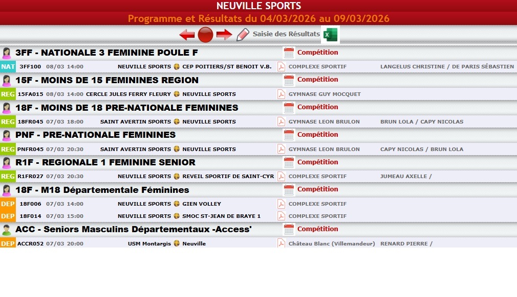 Matchs volley-ball du 4 au 9 mars  2026