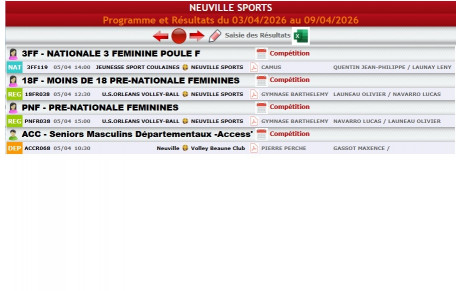 Matchs volley-ball du 3 au 09 avril  2026